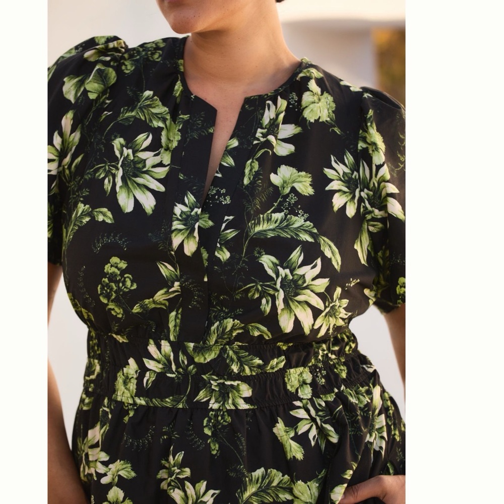Anthropologie Black Floral Maxi Dress with Green and Cream Print - Picture 2 of 12